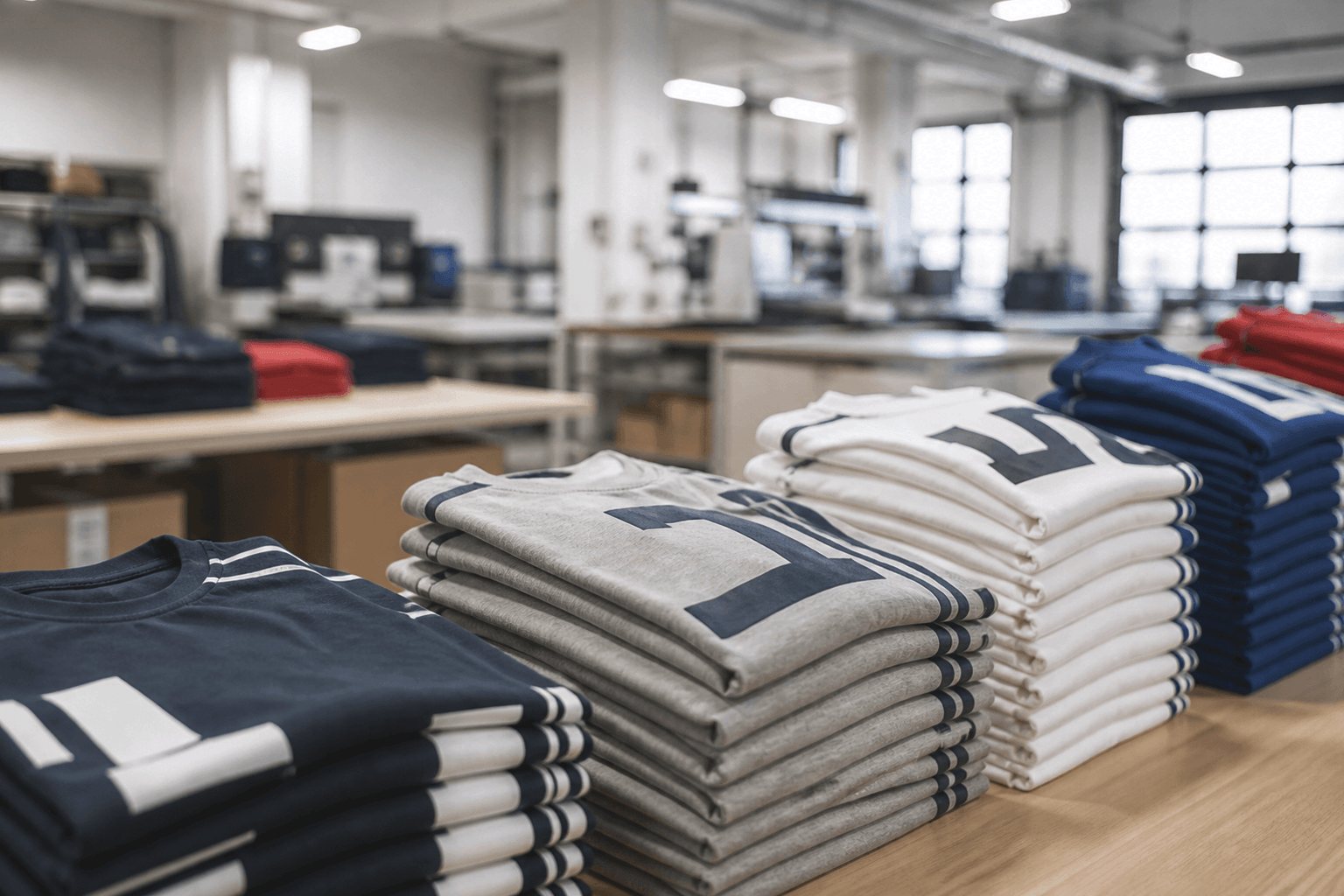 Print area at Creative 8 Apparels with stacks of finished custom sweatshirts